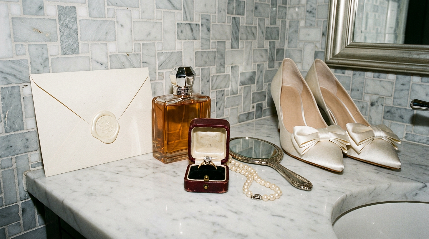 A wax-sealed envelope, perfume, pearls and a ring box on a marble vanity