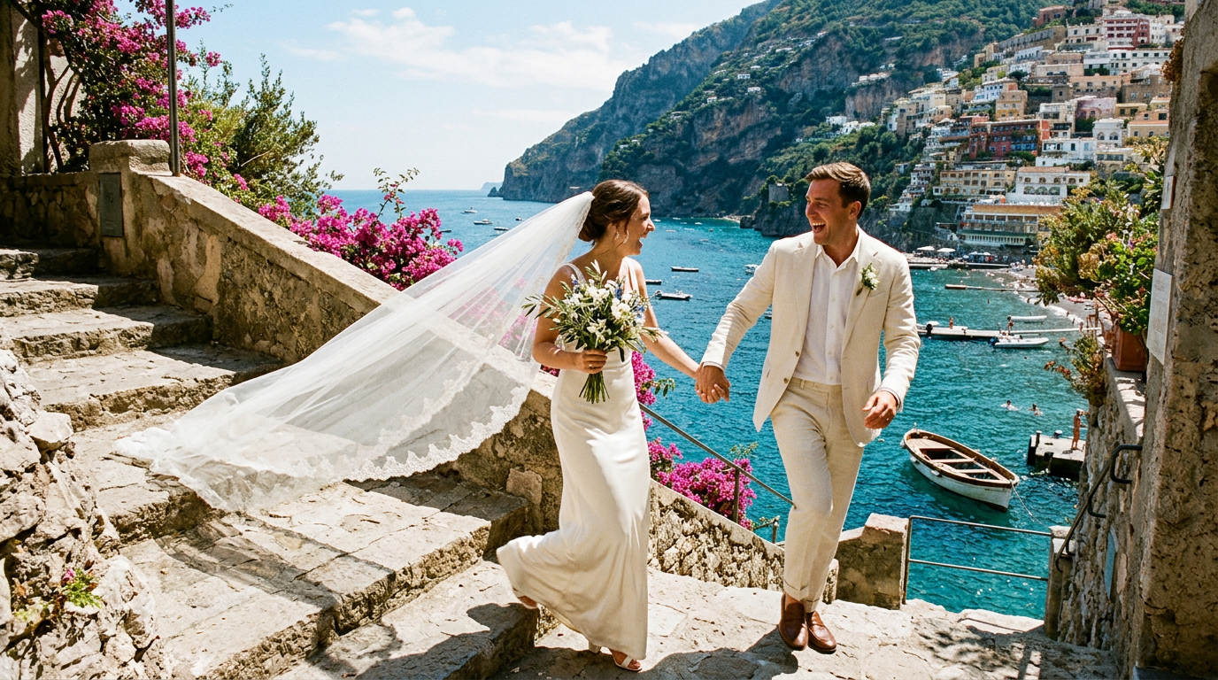 A bride in an ivory silk slip dress walking across an Italian villa terrace