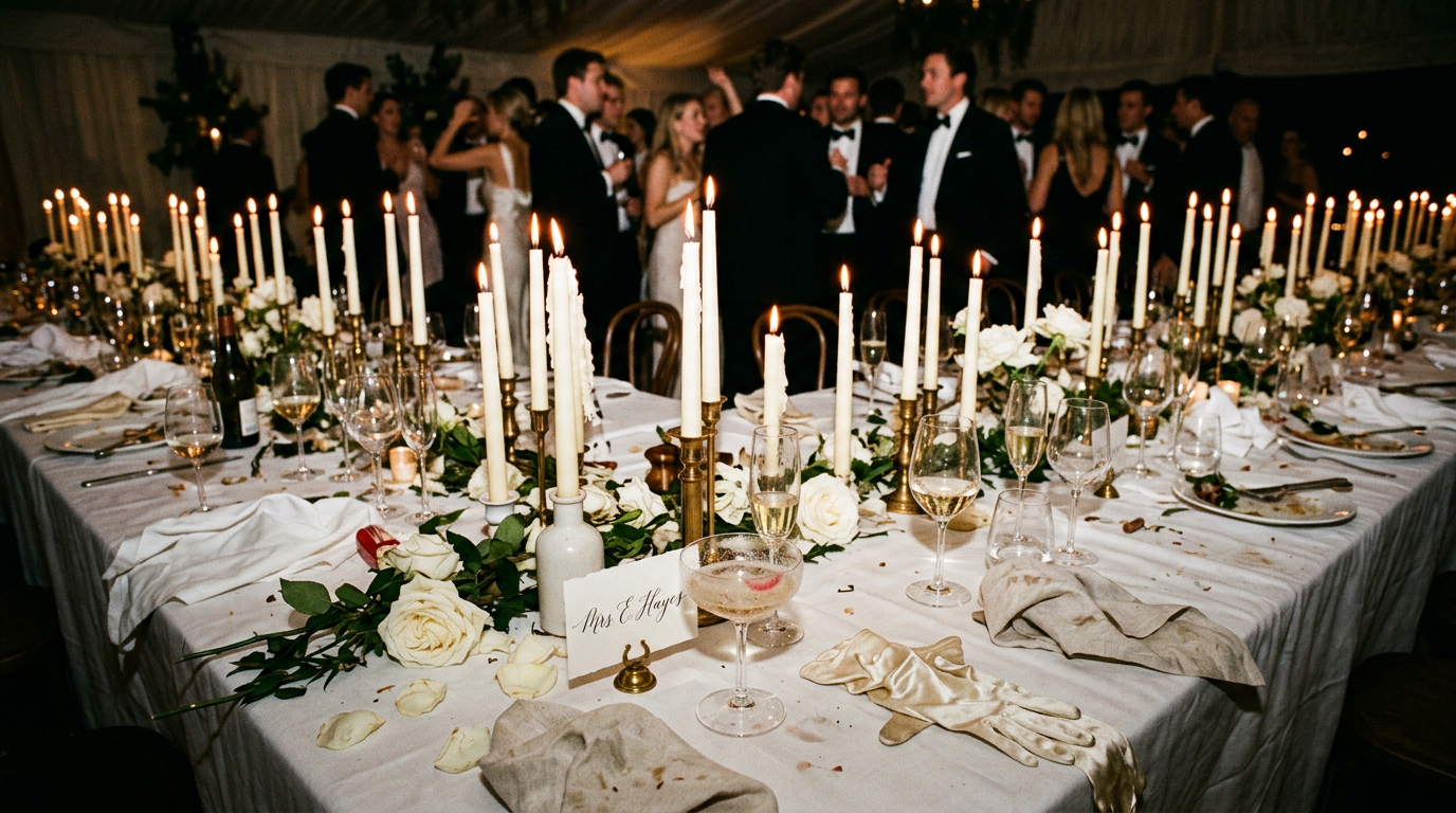 A long candlelit banquet table with white roses and taper candles in a stone hall