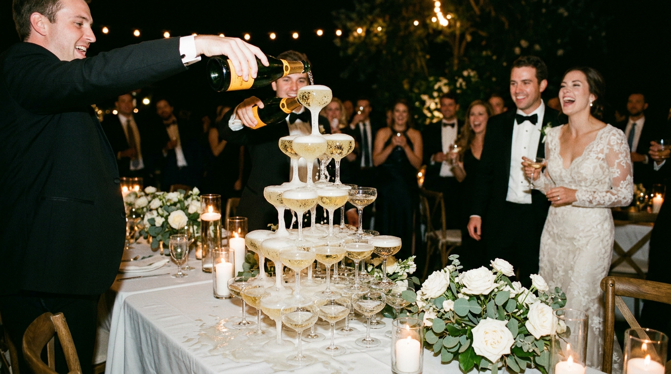 Champagne overflowing a coupe tower at a candlelit wedding reception
