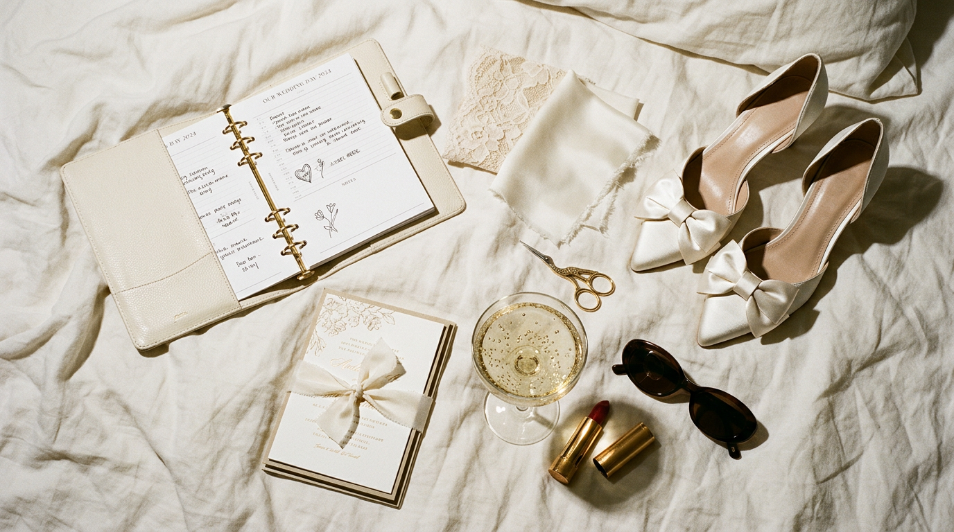 A wedding planner's notebook, silk swatches and champagne on a travertine table