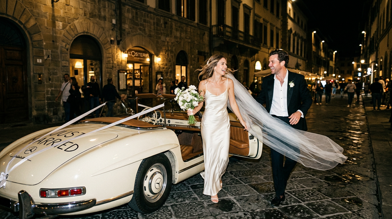 A wedding planner in a tailored ivory suit in a grand hotel corridor