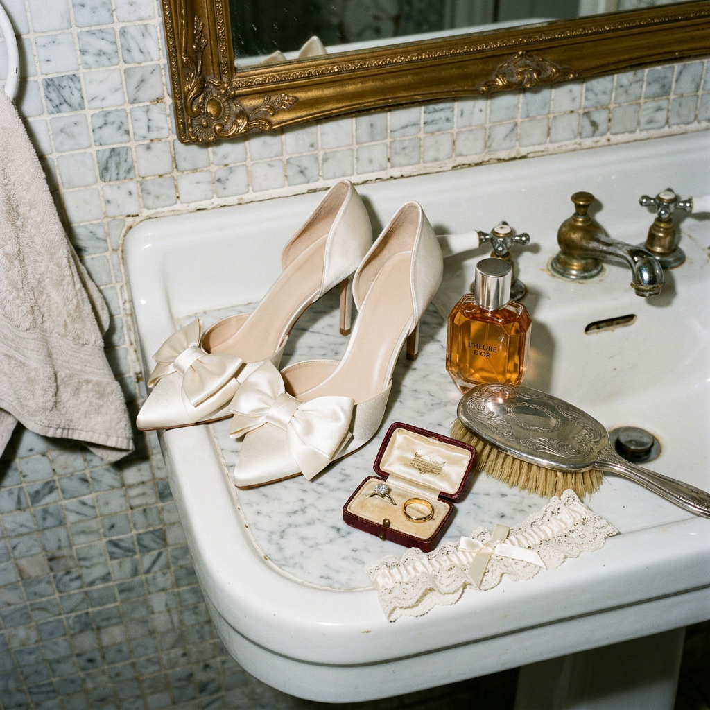 Satin bow heels, perfume and an antique ring box laid out on a bathroom sink on the wedding morning