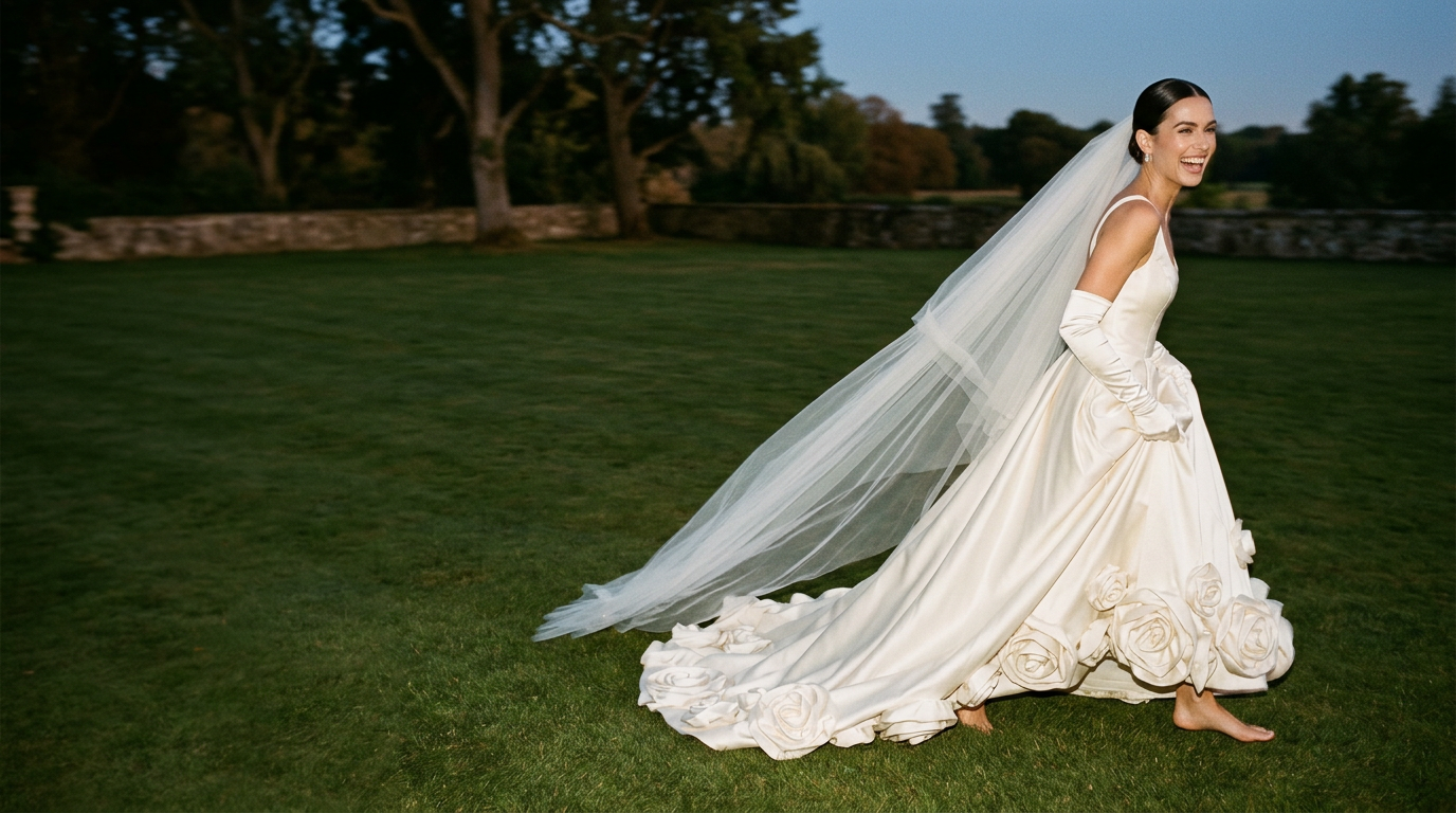 A bride in a satin gown and long veil running across a lawn at dusk, caught in flash